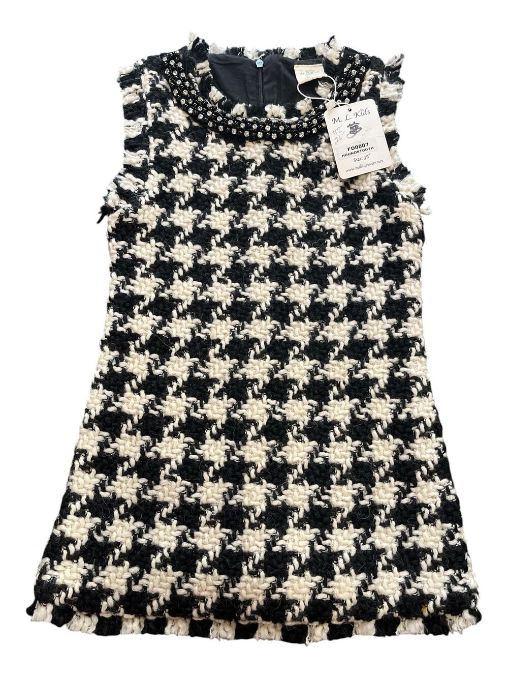 NWT-M.L.Kids Dress-Sz 3T-Black/White Houndstooth-Wool Bl-Sl'Less-Back Zip-1158
